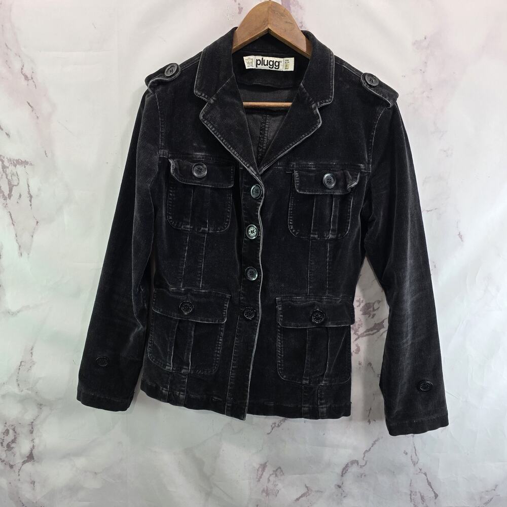 Vintage Y2K Jacket Womens Medium Black Corduroy Coat Plugg 90s